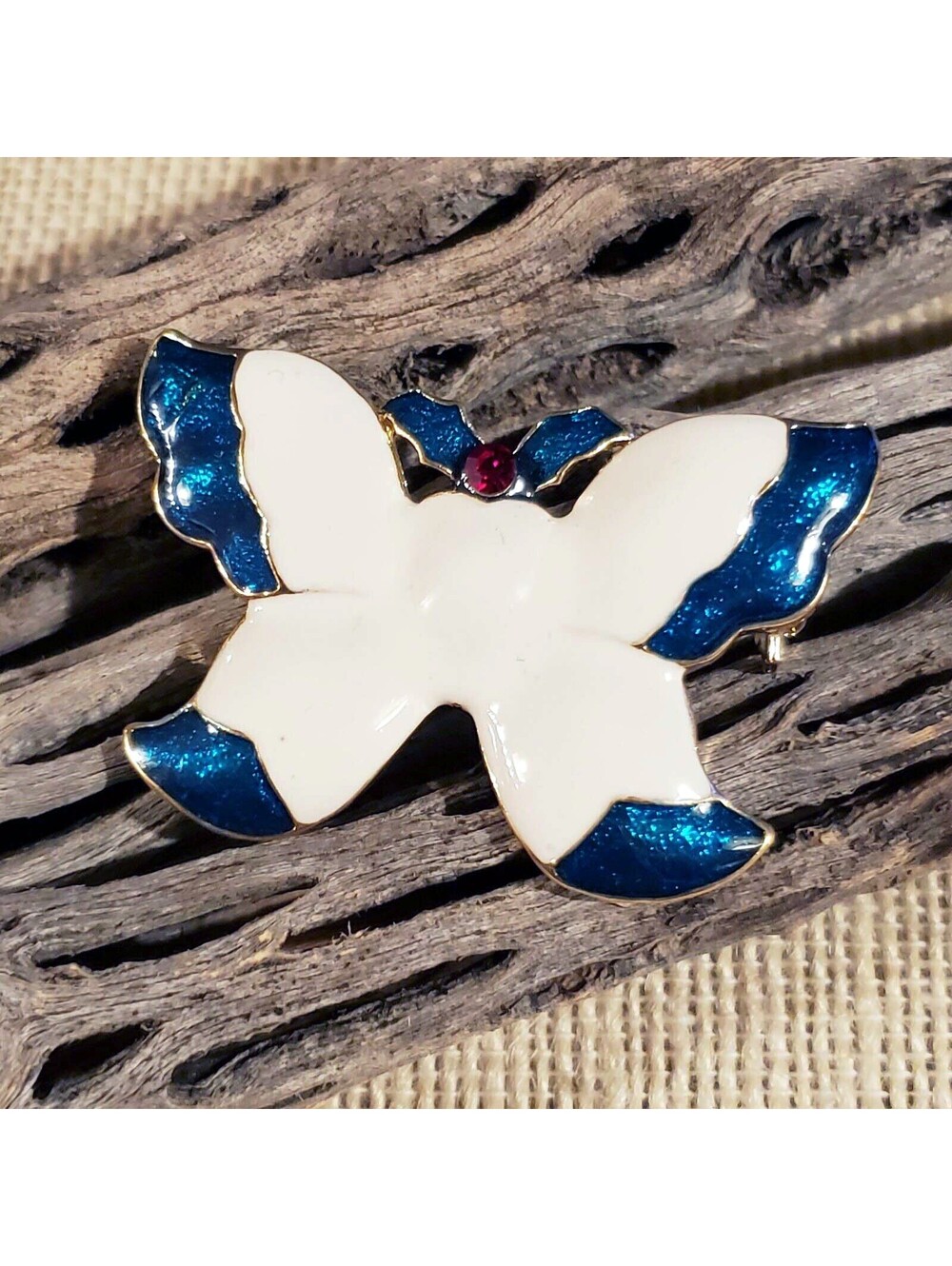 Christmas White Green Butterfly Enamel Sweater Pin Brooch